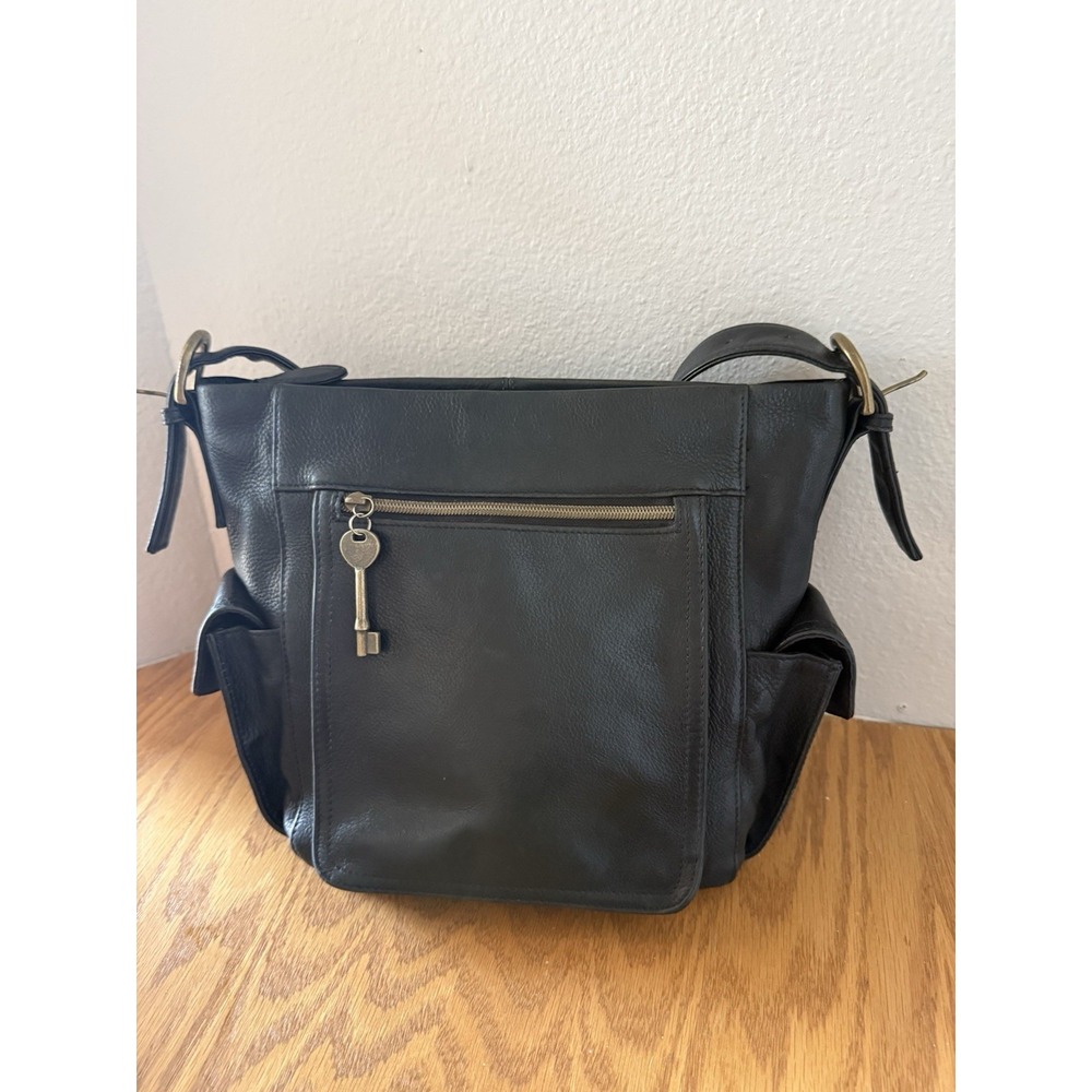 Vtg Fossil Black Pebbled Leather Shoulder/Crossbody Bag 75082